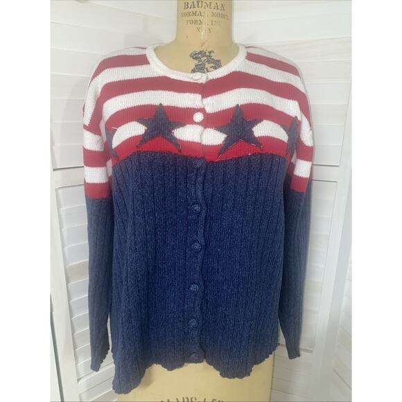 Vintage Tiara International American Flag Button Front Cardigan Sweater Women XL - Picture 1 of 10